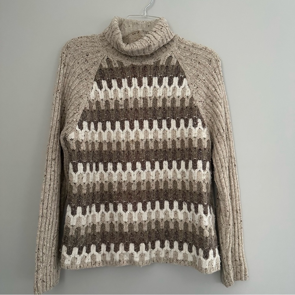 Charter Club Petite Wool Cotton Brown Tan &White Long Sleeve Turtle neck Sweater